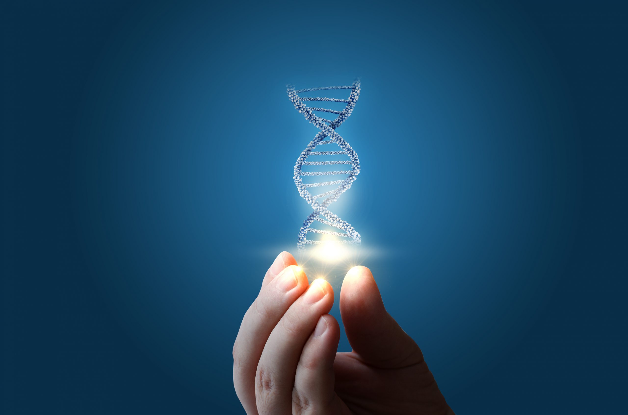 A hand holds a glowing DNA double helix against a blue background, symbolizing genetics and scientific discovery.