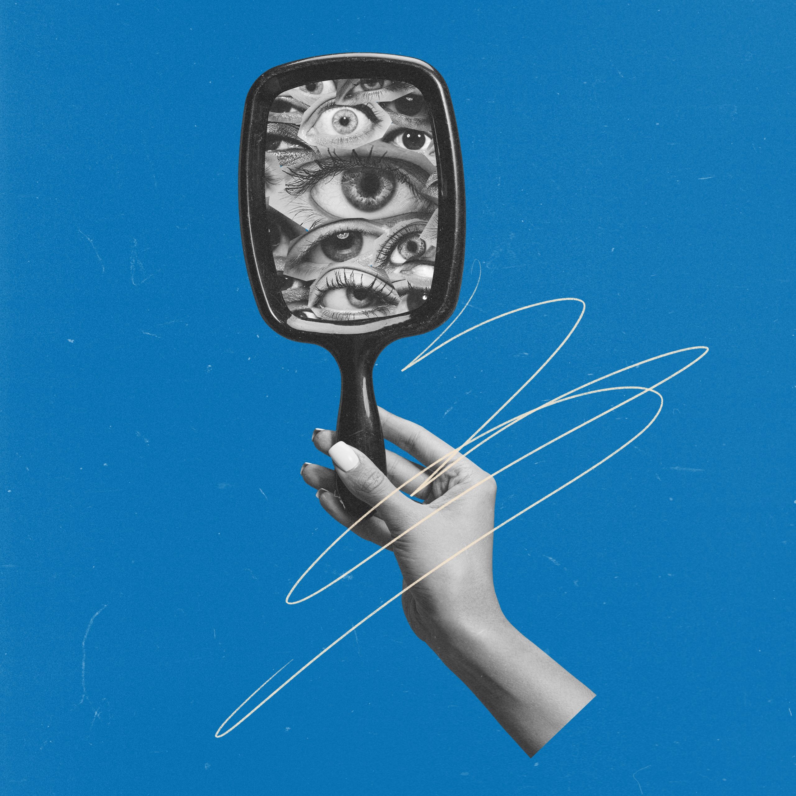 A hand holds a mirror reflecting multiple eyes against a bright blue background, with a white abstract line.