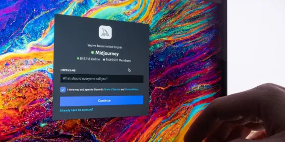 A hand reaches towards a colorful screen displaying a Midjourney invitation and login fields.