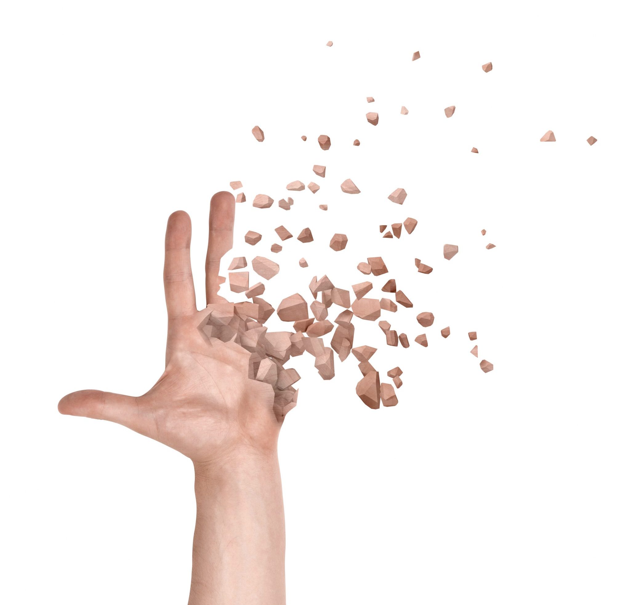 A hand releasing fragmented pieces, symbolizing disintegration or transformation against a white background.