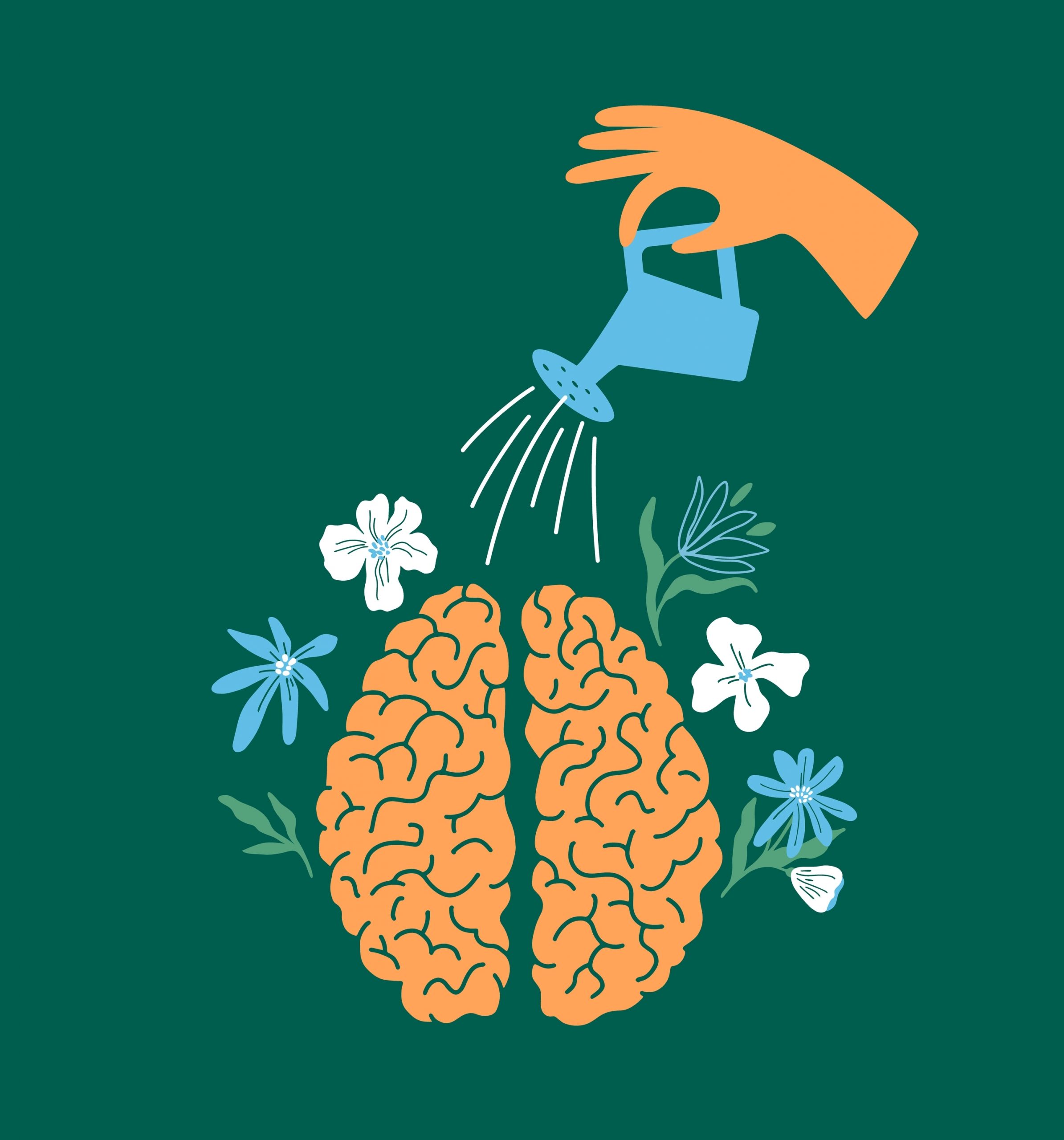 A hand waters a brain-shaped garden, surrounded by colorful flowers on a dark green background.