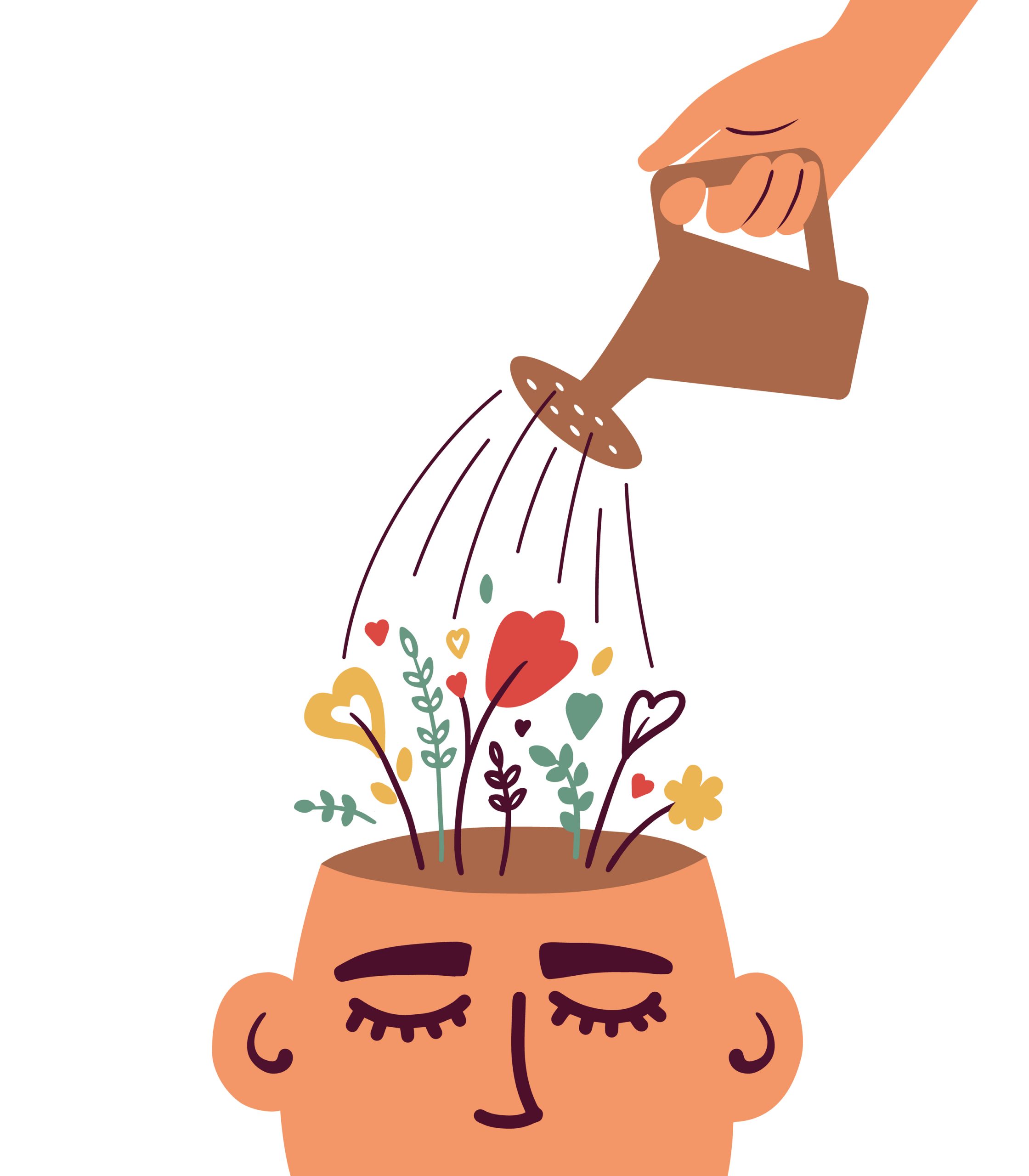 A hand waters colorful flowers growing from a person's head, symbolizing growth and creativity.