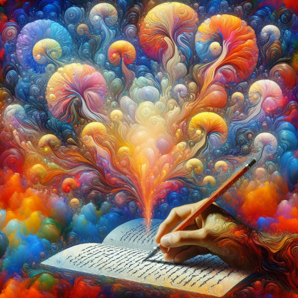 A hand writes in a book, surrounded by vibrant, swirling mushrooms and colorful abstract patterns.
