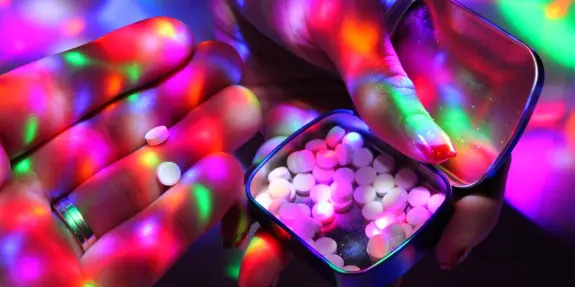 Hands holding white pills, with a colorful, vibrant light pattern reflecting off surfaces.