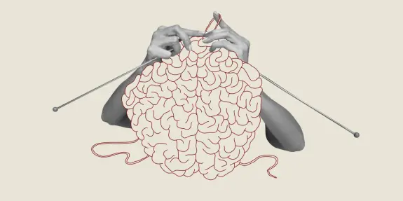 Hands knitting with needles, intertwined with a stylized illustration of a brain, symbolizing creativity and thought.
