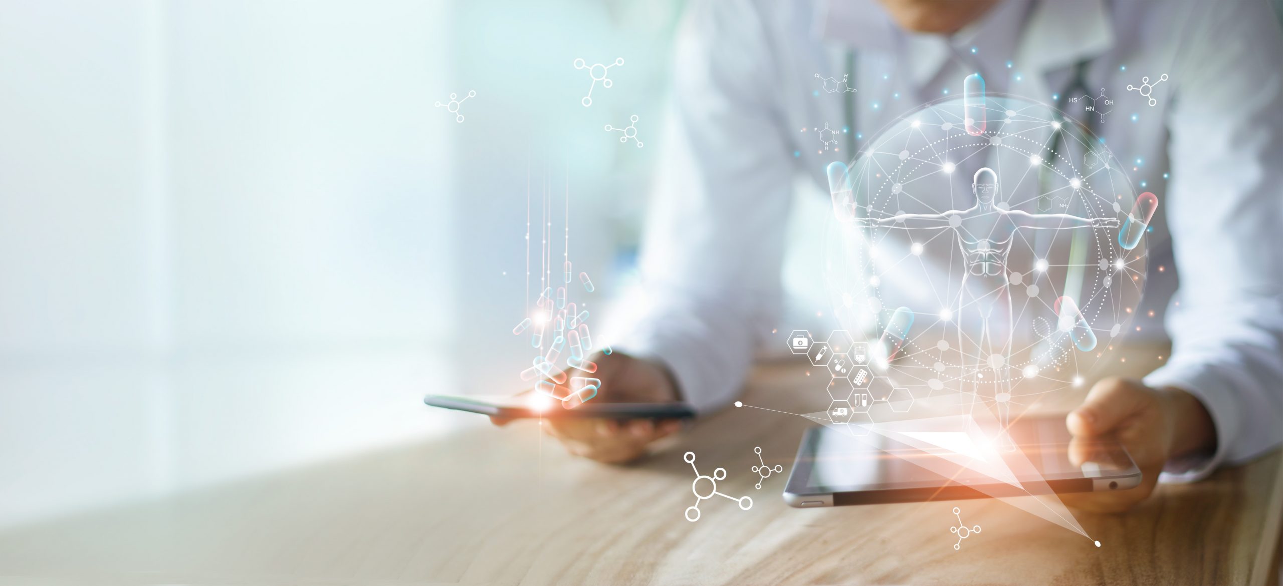 A healthcare professional interacts with digital health data on smartphones and a tablet, surrounded by holographic graphics.