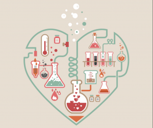 Heart-shaped design filled with laboratory glassware, test tubes, and bubbling liquids, symbolizing science and love.