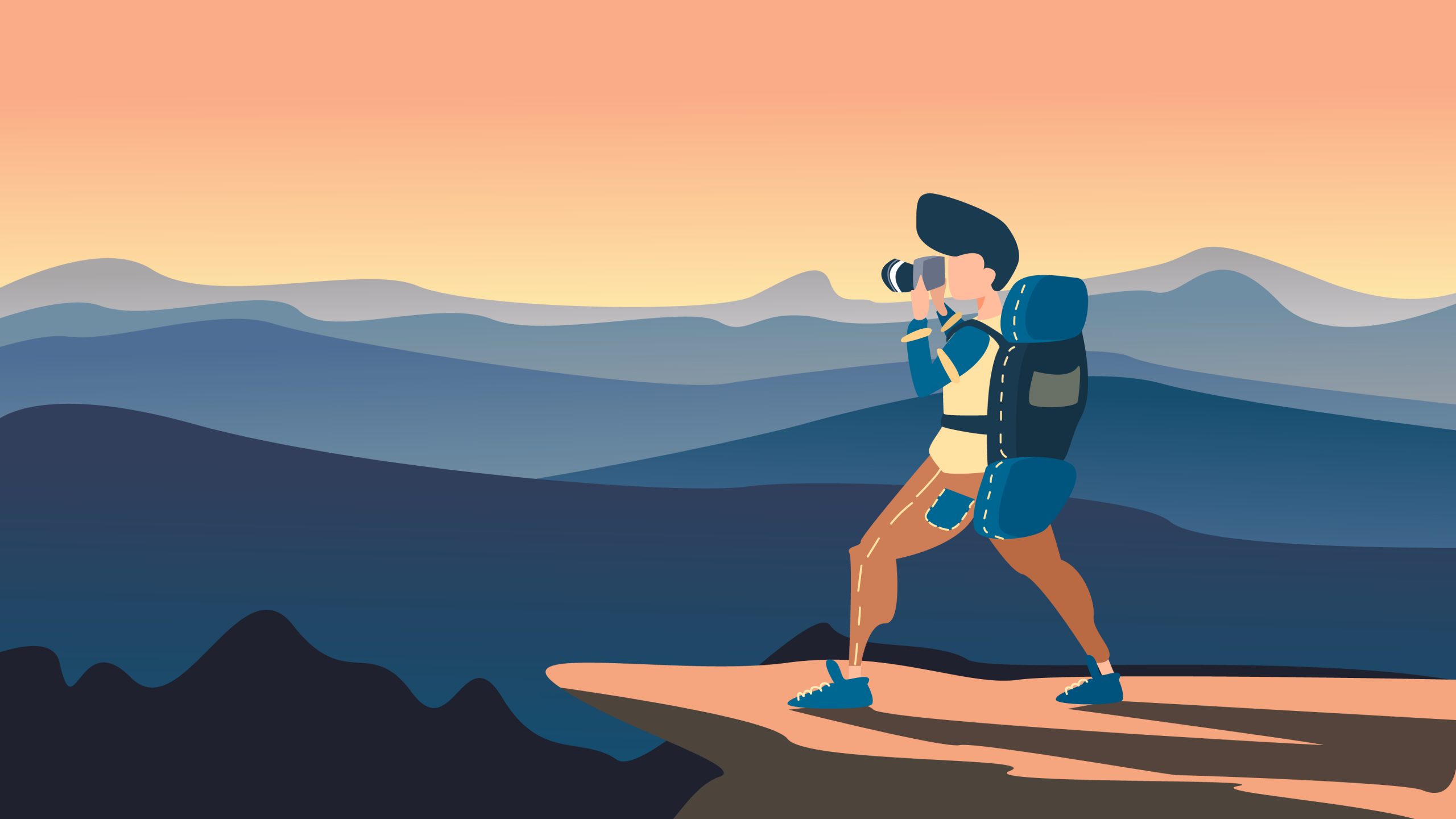 A hiker with a backpack takes photos against a backdrop of rolling mountains at sunset.