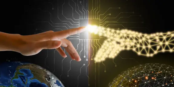 A human hand and a glowing, digital hand reach toward a central light, with Earth and a network of connections in the back...