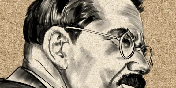 Black and white illustration of a man with glasses and a mustache, set against a textured brown background.
