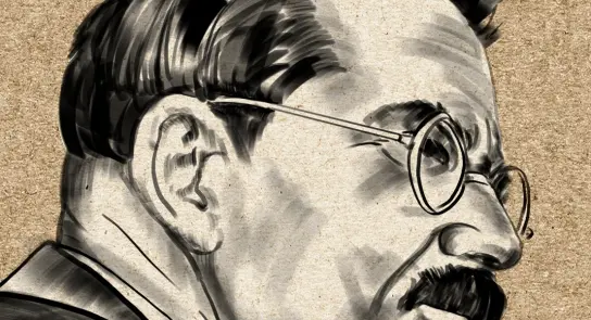 Black and white illustration of a man with glasses and a mustache, set against a textured brown background.