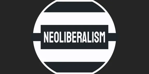 Black and white circular logo featuring the word "NEOLIBERALISM" in bold, centered text.