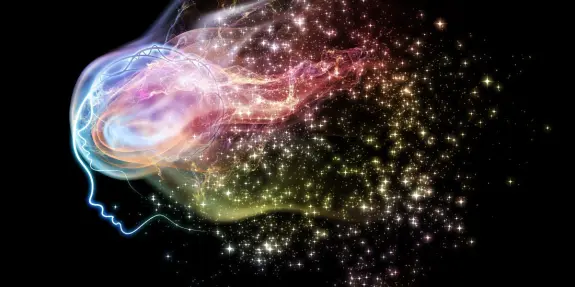 Colorful abstract representation of a human head with swirling cosmic elements and stars, symbolizing thoughts and creativ...