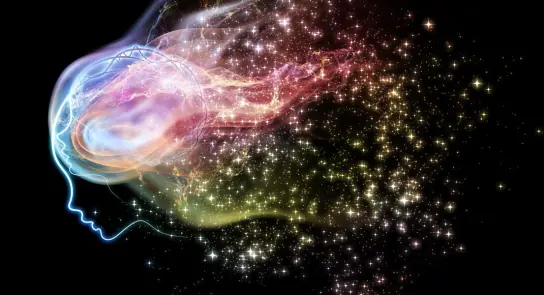 Colorful abstract representation of a human head with swirling cosmic elements and stars, symbolizing thoughts and creativ...