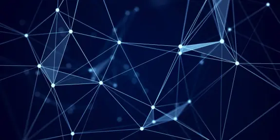 Abstract network of interconnected lines and nodes on a dark blue background, suggesting data flow and connectivity.