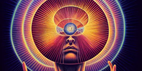 A surreal illustration of a face with an eye in the forehead, radiating vibrant colors and light beams.