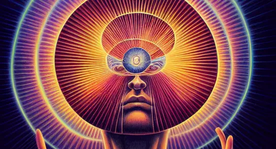 A surreal illustration of a face with an eye in the forehead, radiating vibrant colors and light beams.