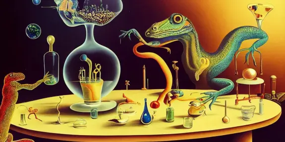 Surreal scene with colorful lizards interacting with laboratory glassware and bizarre objects on a round table.