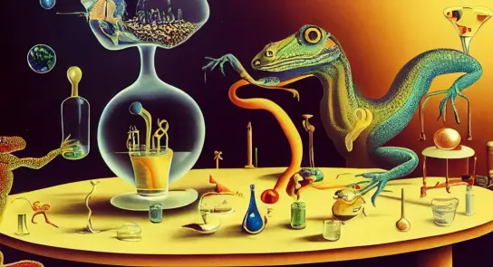 Surreal scene with colorful lizards interacting with laboratory glassware and bizarre objects on a round table.