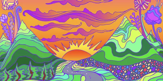 Vibrant landscape with swirling mountains, a colorful sunset, and a winding road adorned with flowers and patterns.