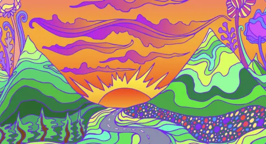 Vibrant landscape with swirling mountains, a colorful sunset, and a winding road adorned with flowers and patterns.