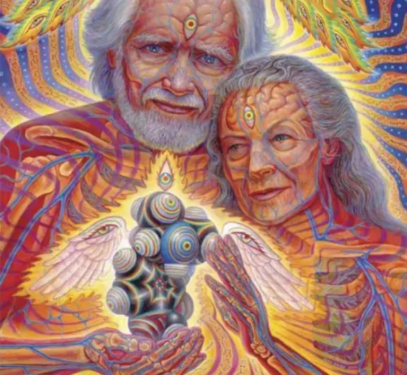 Elderly couple with glowing third eyes, surrounded by vibrant colors and cosmic patterns, cradling a mystical figure.