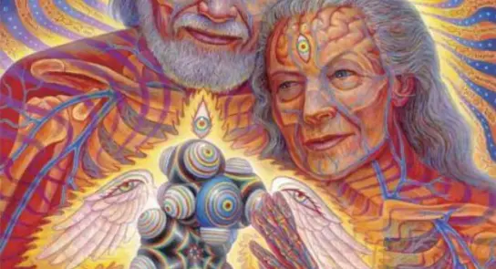 Elderly couple with glowing third eyes, surrounded by vibrant colors and cosmic patterns, cradling a mystical figure.