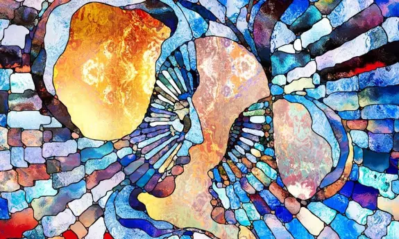 Colorful abstract artwork depicting two faces merging, surrounded by vibrant, swirling patterns in blues and golds.
