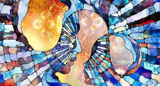 Colorful abstract artwork depicting two faces merging, surrounded by vibrant, swirling patterns in blues and golds.