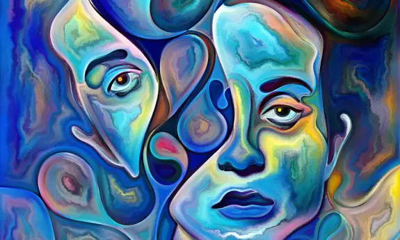 Abstract artwork featuring two stylized faces intertwined in vibrant blues and swirling shapes, evoking emotion and depth.