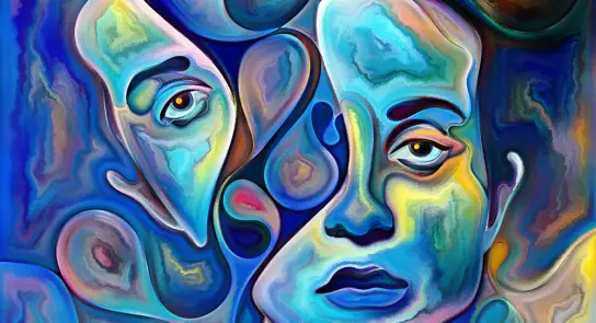 Abstract artwork featuring two stylized faces intertwined in vibrant blues and swirling shapes, evoking emotion and depth.