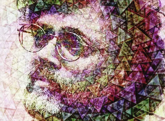 A colorful, abstract portrait featuring a man with glasses, overlaid with geometric patterns and vibrant hues.