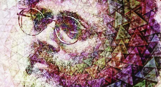 A colorful, abstract portrait featuring a man with glasses, overlaid with geometric patterns and vibrant hues.