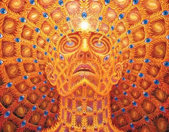 A vibrant, surreal face surrounded by intricate patterns and numerous eyes, radiating warmth and energy.