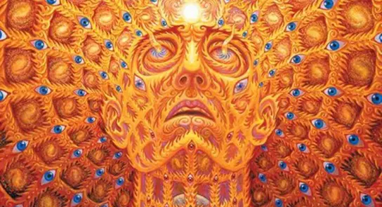 A vibrant, surreal face surrounded by intricate patterns and numerous eyes, radiating warmth and energy.