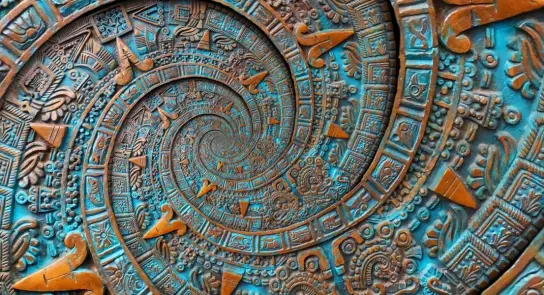 Intricate bronze spiral design featuring Aztec motifs and vibrant turquoise accents, creating a mesmerizing depth effect.