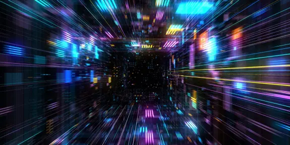 Vibrant, glowing lines and dots create a dynamic, abstract tunnel effect with a dark center, evoking a sense of speed.