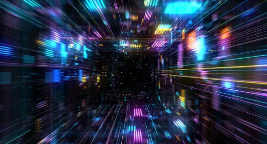 Vibrant, glowing lines and dots create a dynamic, abstract tunnel effect with a dark center, evoking a sense of speed.