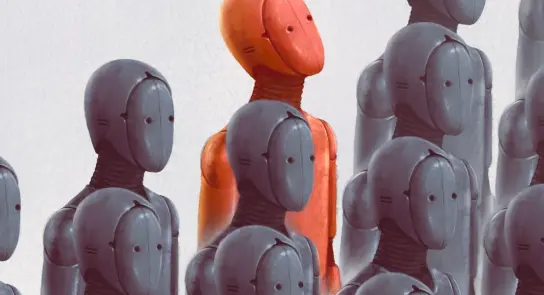 A group of gray humanoid figures with one distinct orange figure standing out in the center.