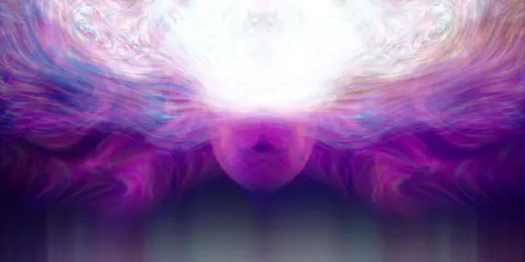 Swirling abstract patterns in vibrant purples and whites, creating a mystical, ethereal atmosphere.