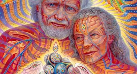 Elderly couple with vibrant, intricate patterns on their skin, holding a glowing orb surrounded by colorful, cosmic elements.