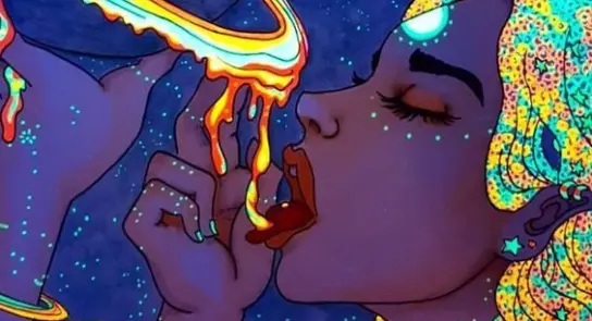 A vibrant, cosmic-themed illustration of a woman with colorful hair, surrounded by swirling patterns and glowing elements.