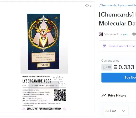 A colorful card featuring a deer illustration, labeled "1P-LSD" and details about the chemical sample below.