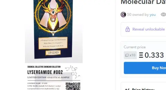 A colorful card featuring a deer illustration, labeled "1P-LSD" and details about the chemical sample below.