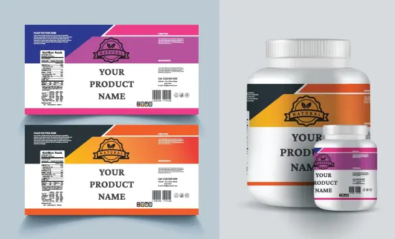 Product packaging design featuring colorful labels and a large container with nutritional information and branding.