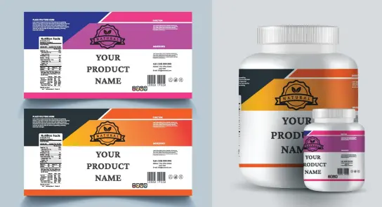 Product packaging design featuring colorful labels and a large container with nutritional information and branding.