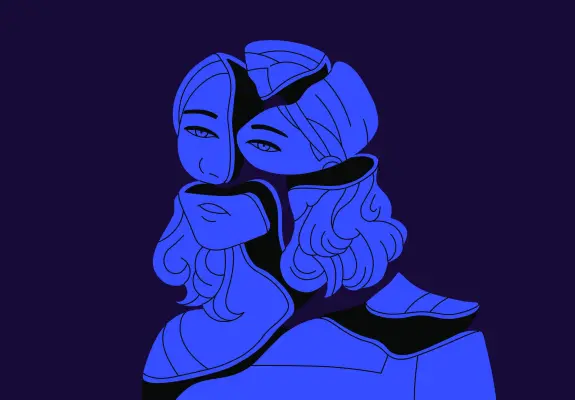 Abstract illustration of a stylized figure with flowing hair, featuring bold blue tones against a dark purple background.