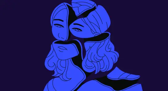 Abstract illustration of a stylized figure with flowing hair, featuring bold blue tones against a dark purple background.