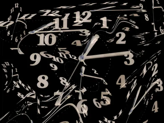 Abstract clock faces with distorted numbers and swirling patterns against a black background.