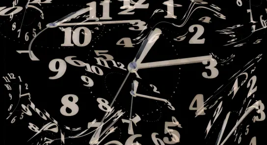 Abstract clock faces with distorted numbers and swirling patterns against a black background.